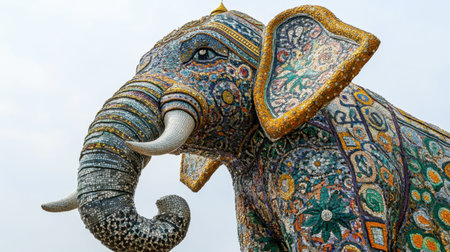 The intricate mosaics and sculptures of the giant elephant at Wat Ban Rai under a clear sky.の素材