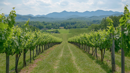The lush vineyards at GranMonte Vineyard and Winery, with scenic views of the surrounding mountains.の素材