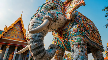The intricate mosaics and sculptures of the giant elephant at Wat Ban Rai under a clear sky.の素材