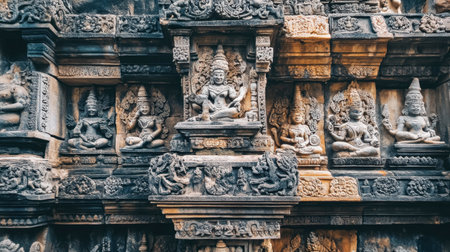 The intricate stone reliefs at Phimai Sanctuary, depicting scenes from Hindu mythology.の素材