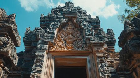 The impressive details of stone carvings at the entrance of Phanom Rung Historical Park.の素材