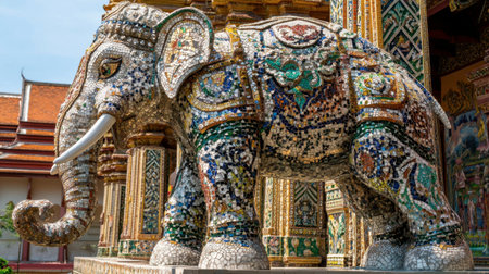 The intricate mosaics and sculptures of the giant elephant at Wat Ban Rai under a clear sky.の素材