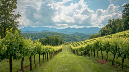 The lush vineyards at GranMonte Vineyard and Winery, with scenic views of the surrounding mountains.の素材