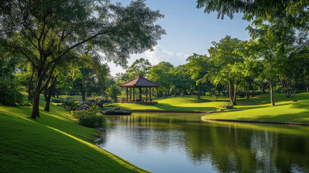 The peaceful and green surroundings of Thao Suranaree Memorial Park in the heart of Korat.の素材