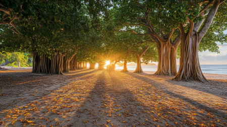 The serene beauty of Sai Ngam Banyan Tree, a sacred site covered with interwoven banyan trees.の素材