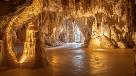 The quiet and reflective ambiance inside Wat Phayap Cave, with its beautiful stalactites.の素材