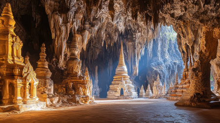 The quiet and reflective ambiance inside Wat Phayap Cave, with its beautiful stalactites.の素材