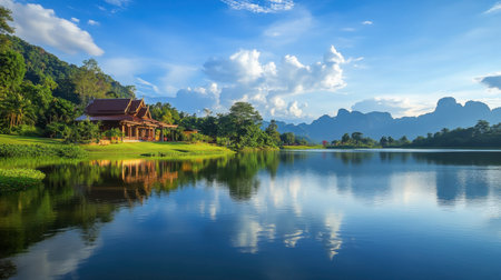 The serene lake and green surroundings at Lam Takhong Dam, a peaceful retreat.の素材