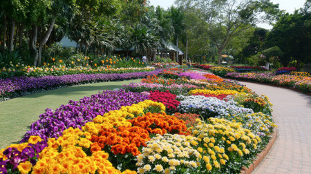 The stunning flower beds at Flora Park Wang Nam Khiao, with colorful blooms as far as the eye can see.の素材