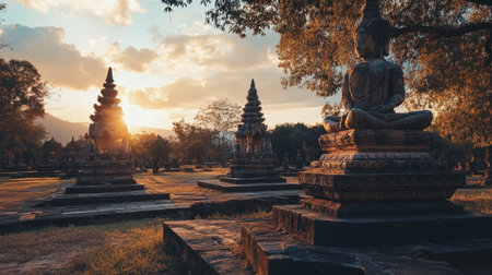 The stunning sandstone sculptures of Phanom Rung Historical Park during sunset.の素材