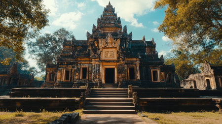 The towering Phanom Rung Temple, with its ancient stone carvings glowing under the sun.の素材