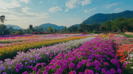 The stunning flower beds at Flora Park Wang Nam Khiao, with colorful blooms as far as the eye can see.の素材