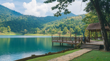 The serene lake and green surroundings at Lam Takhong Dam, a peaceful retreat.の素材