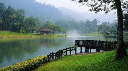 The serene lake and green surroundings at Lam Takhong Dam, a peaceful retreat.の素材