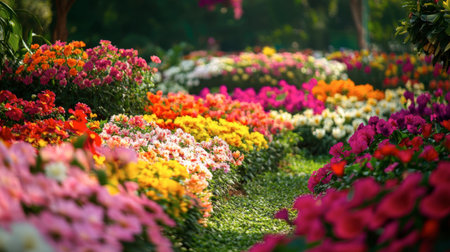 The stunning flower beds at Flora Park Wang Nam Khiao, with colorful blooms as far as the eye can see.の素材