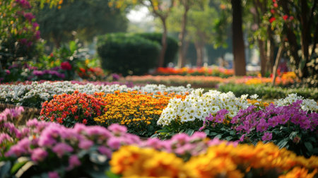 The stunning flower beds at Flora Park Wang Nam Khiao, with colorful blooms as far as the eye can see.の素材