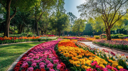 The stunning flower beds at Flora Park Wang Nam Khiao, with colorful blooms as far as the eye can see.の素材