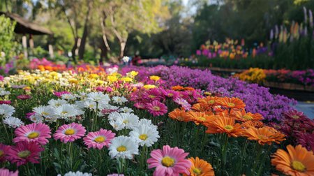 The stunning flower beds at Flora Park Wang Nam Khiao, with colorful blooms as far as the eye can see.の素材