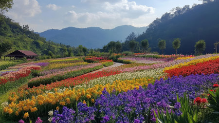 The stunning flower beds at Flora Park Wang Nam Khiao, with colorful blooms as far as the eye can see.の素材