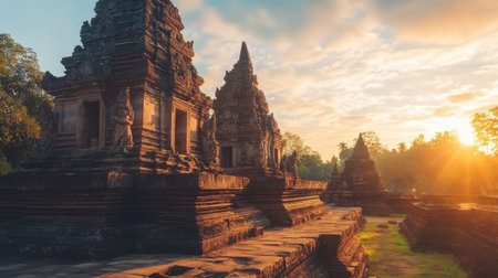 The stunning sandstone sculptures of Phanom Rung Historical Park during sunset.の素材