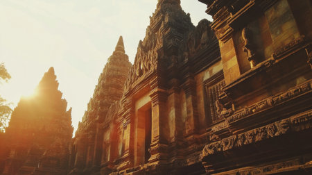 The towering Phanom Rung Temple, with its ancient stone carvings glowing under the sun.の素材