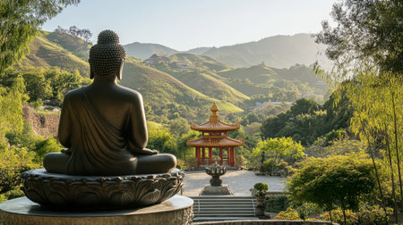 The tranquil setting of the Sikhio Buddha Footprint Temple, surrounded by rolling hills.の素材