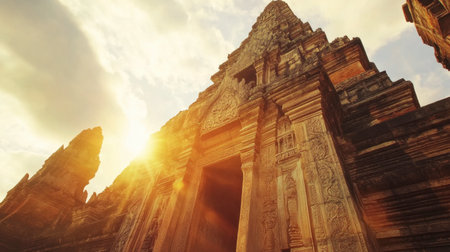 The towering Phanom Rung Temple, with its ancient stone carvings glowing under the sun.の素材
