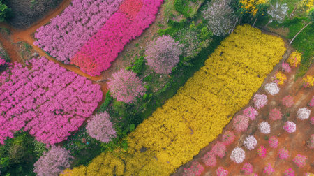 The vibrant flower fields at Flora Park Wang Nam Khiao in full bloom, with bright hues of pink and yellow.の素材