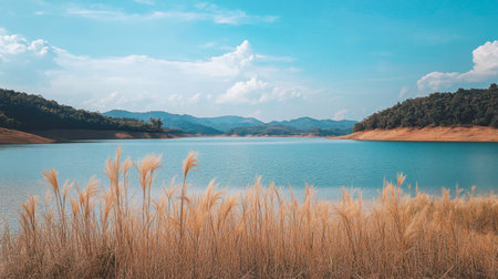The wide, open landscapes of Lam Takhong Reservoir, perfect for scenic nature photography.の素材