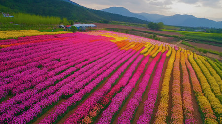 The vibrant flower fields at Flora Park Wang Nam Khiao in full bloom, with bright hues of pink and yellow.の素材