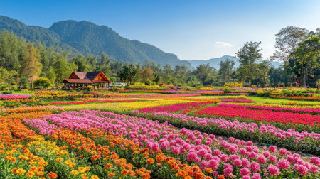 The vibrant flower fields at Flora Park Wang Nam Khiao in full bloom, with bright hues of pink and yellow.の素材