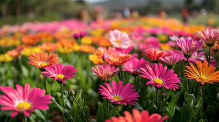 The vibrant flower fields at Flora Park Wang Nam Khiao in full bloom, with bright hues of pink and yellow.の素材