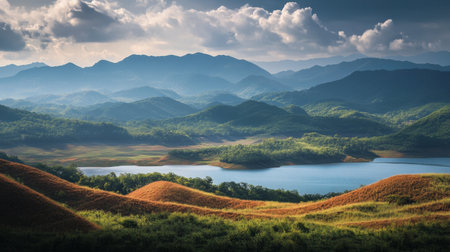The wide, open landscapes of Lam Takhong Reservoir, perfect for scenic nature photography.の素材
