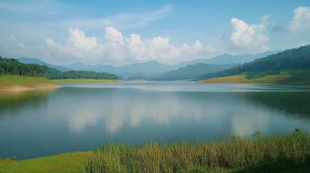 The wide, open landscapes of Lam Takhong Reservoir, perfect for scenic nature photography.の素材