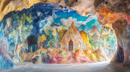 The colorful murals inside Wat Phayap Cave, depicting stories from Thai mythology.の素材