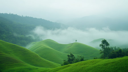 The cool, misty morning at Wang Nam Khiao, with rolling green hills and fog.の素材
