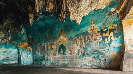 The colorful murals inside Wat Phayap Cave, depicting stories from Thai mythology.の素材