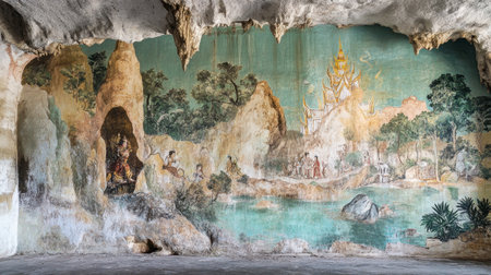 The colorful murals inside Wat Phayap Cave, depicting stories from Thai mythology.の素材
