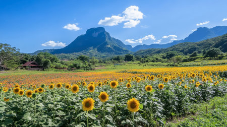 The colorful flower fields at Wang Nam Khiao, with sunflowers blooming under a clear blue sky.の素材