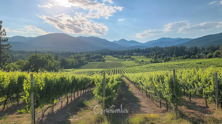The lush vineyards at GranMonte Vineyard and Winery, with scenic views of the surrounding mountains.の素材