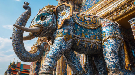 The intricate mosaics and sculptures of the giant elephant at Wat Ban Rai under a clear sky.の素材