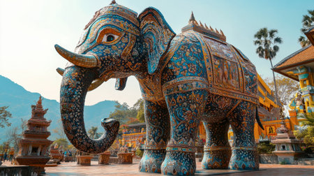 The intricate mosaics and sculptures of the giant elephant at Wat Ban Rai under a clear sky.の素材