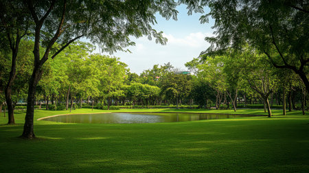 The peaceful atmosphere of Mueang Nakhon Ratchasima Public Park, with lush green landscapes.の素材
