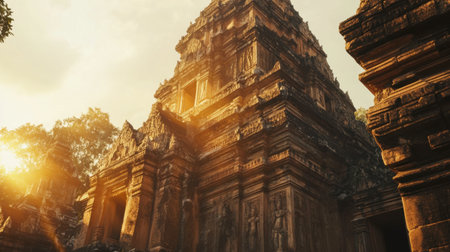 The towering Phanom Rung Temple, with its ancient stone carvings glowing under the sun.の素材