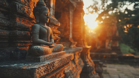 The stunning sandstone sculptures of Phanom Rung Historical Park during sunset.の素材