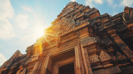 The towering Phanom Rung Temple, with its ancient stone carvings glowing under the sun.の素材