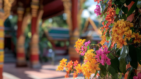 A close-up of colorful flowers blooming at Wat Ban Tham, adding vibrancy to the temple grounds.の素材