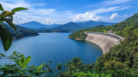 A breathtaking view of the mountains surrounding the Srinakarin Dam, perfect for nature lovers.の素材