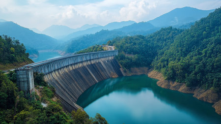 A breathtaking view of the mountains surrounding the Srinakarin Dam, perfect for nature lovers.の素材