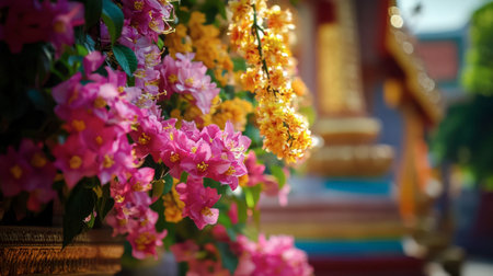 A close-up of colorful flowers blooming at Wat Ban Tham, adding vibrancy to the temple grounds.の素材